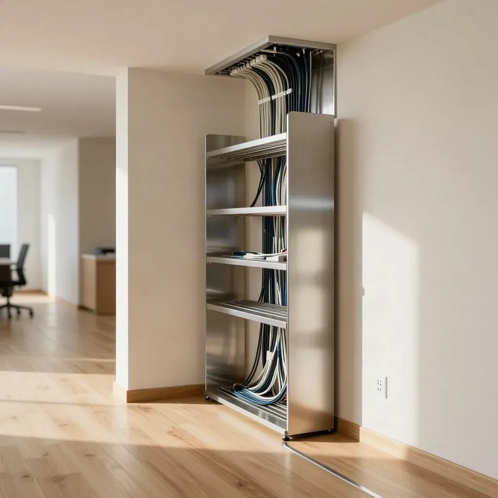 Modern comms alcove with tidy rack, wall plates and ceiling cabling in a bright office