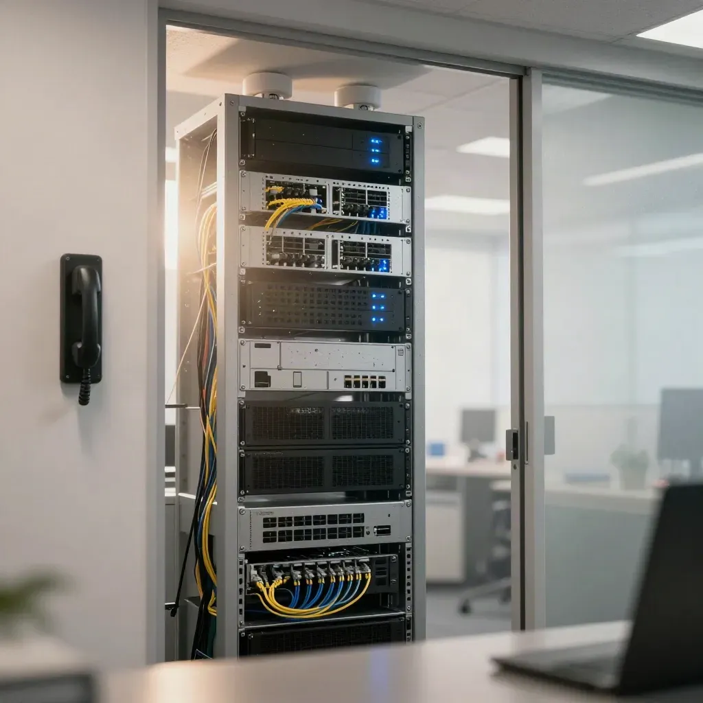 Comms room network rack, Cat6 looms, Wi‑Fi pucks and firewall with cool blue LEDs.