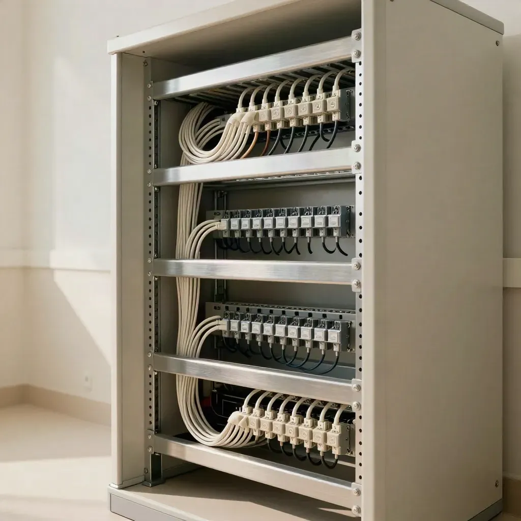 Pristine clinic comms cupboard with tidy patch leads and sealed wall plates