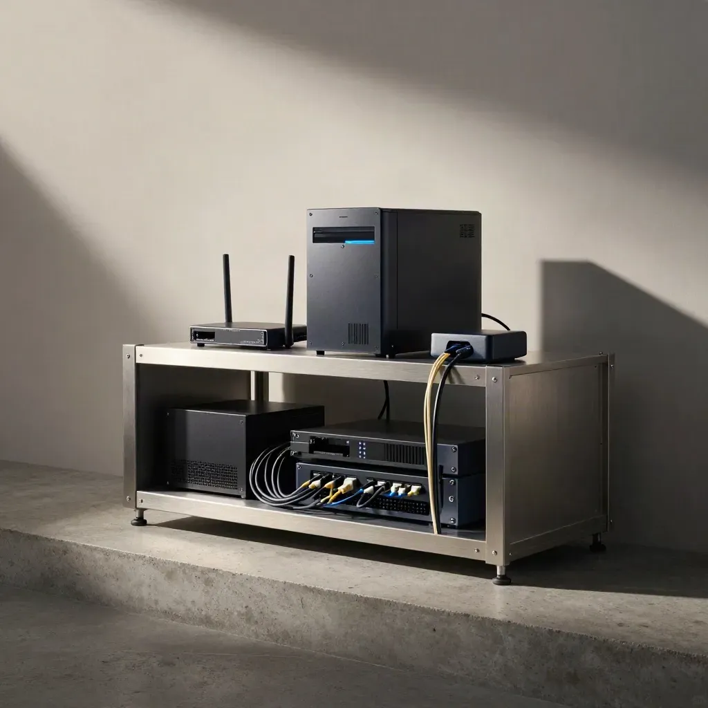 Firewall appliance and remote-support dock in a moody agency IT nook with blue status glow