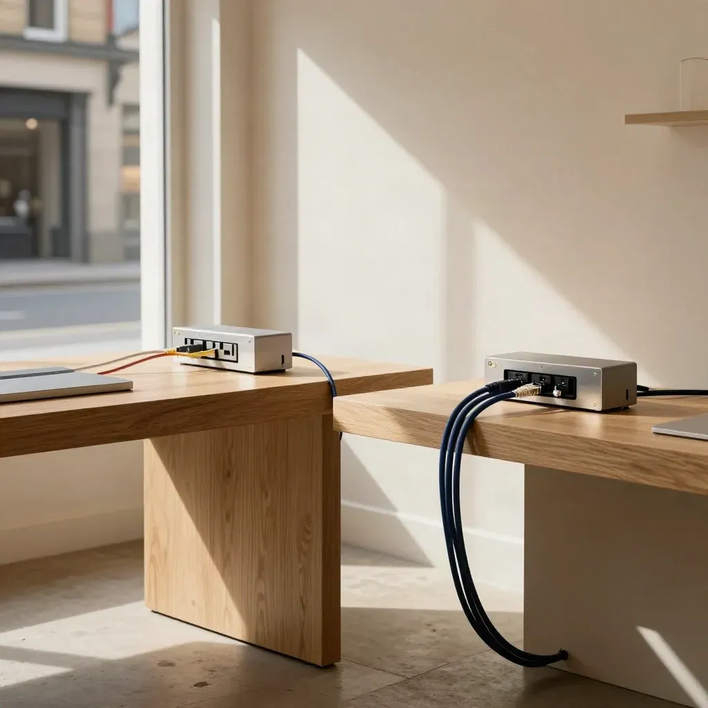Two linked retail network setups on opposite counters in a bright shop, lit by warm window light.