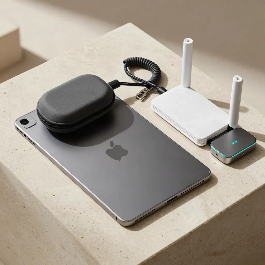 Overhead remote-support kit with tablet, router, headset case and charger on pale travertine