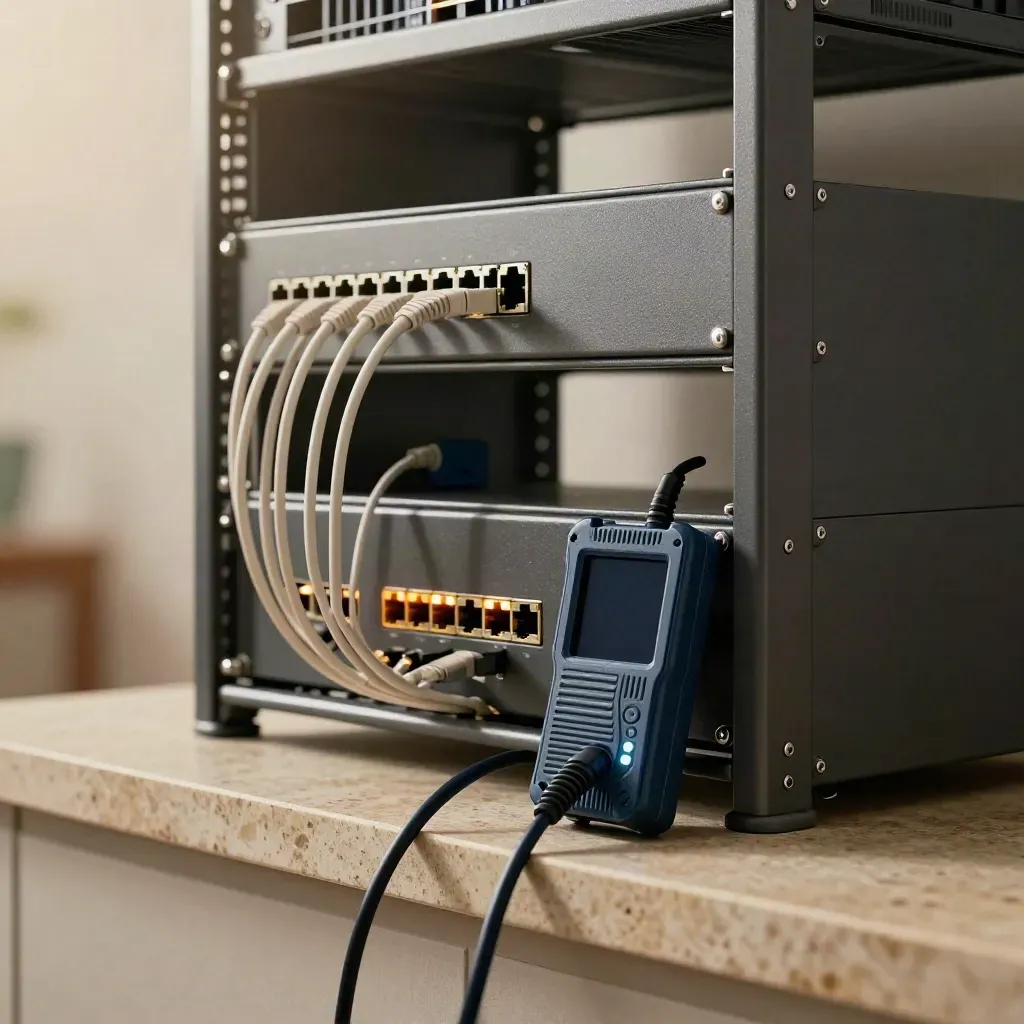 Live network rack mid-test with patch leads and a cable verifier on a limestone plinth