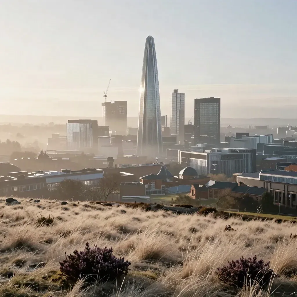 Greater Manchester skyline with Beetham Tower in sunrise haze above a calm hill slope