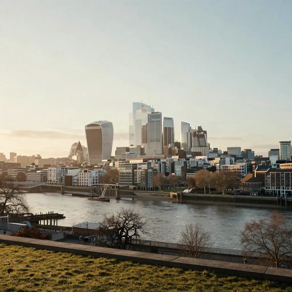 London skyline over the Thames at golden hour from a hilltop, with river and parkland below.