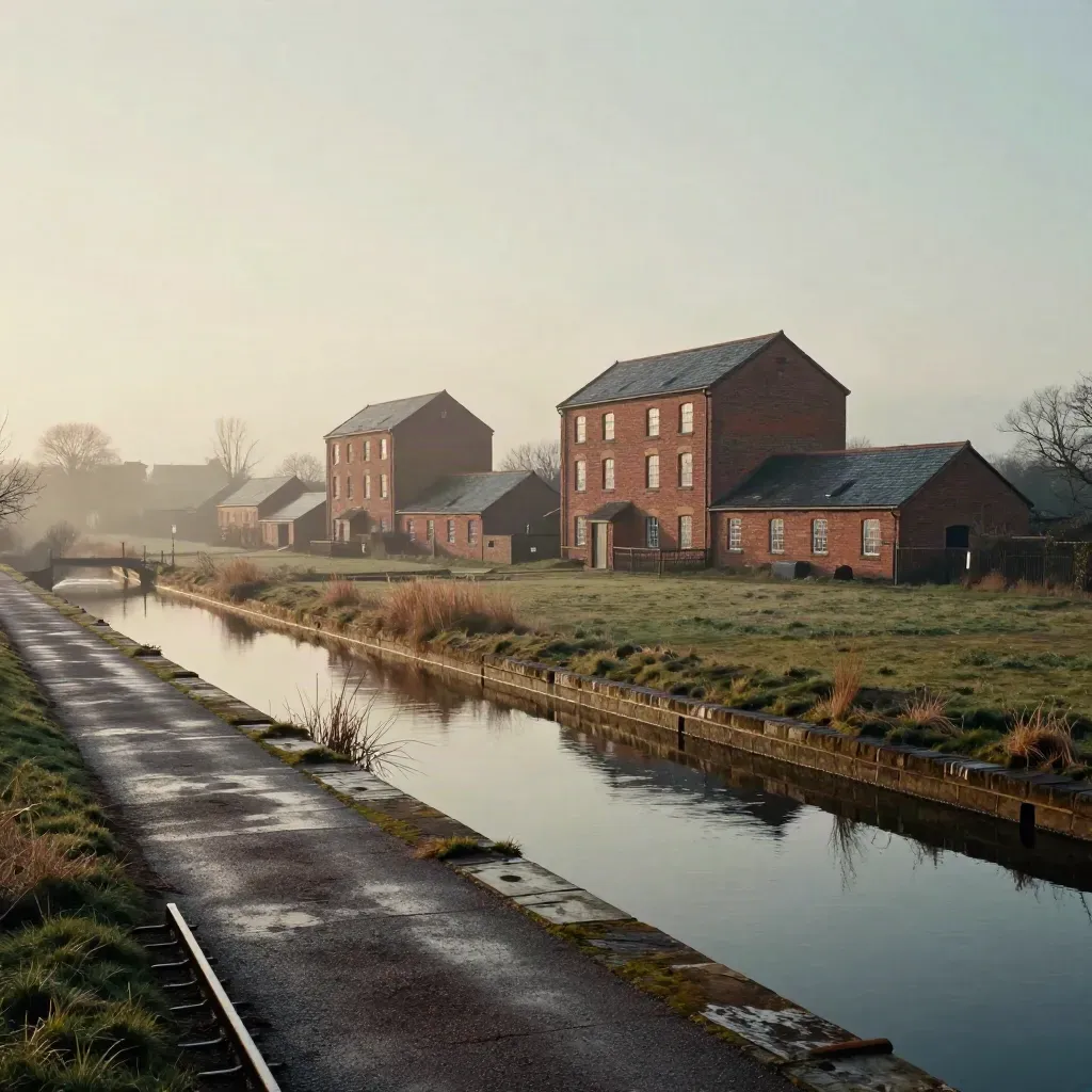 Rain-dark mills and a misty canal edge in the West Midlands at warm evening light.