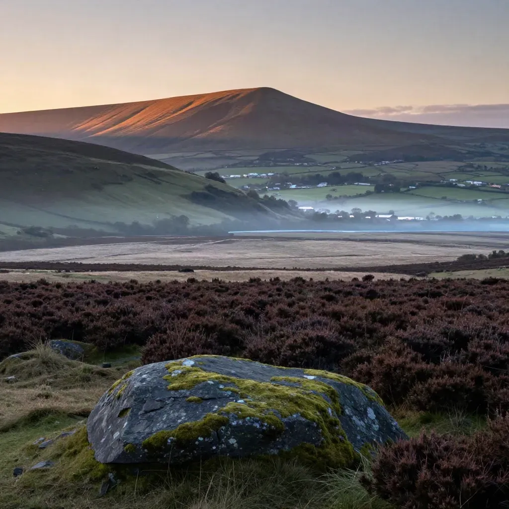 Sunset over North West England fells with hazy valley and distant city glow.